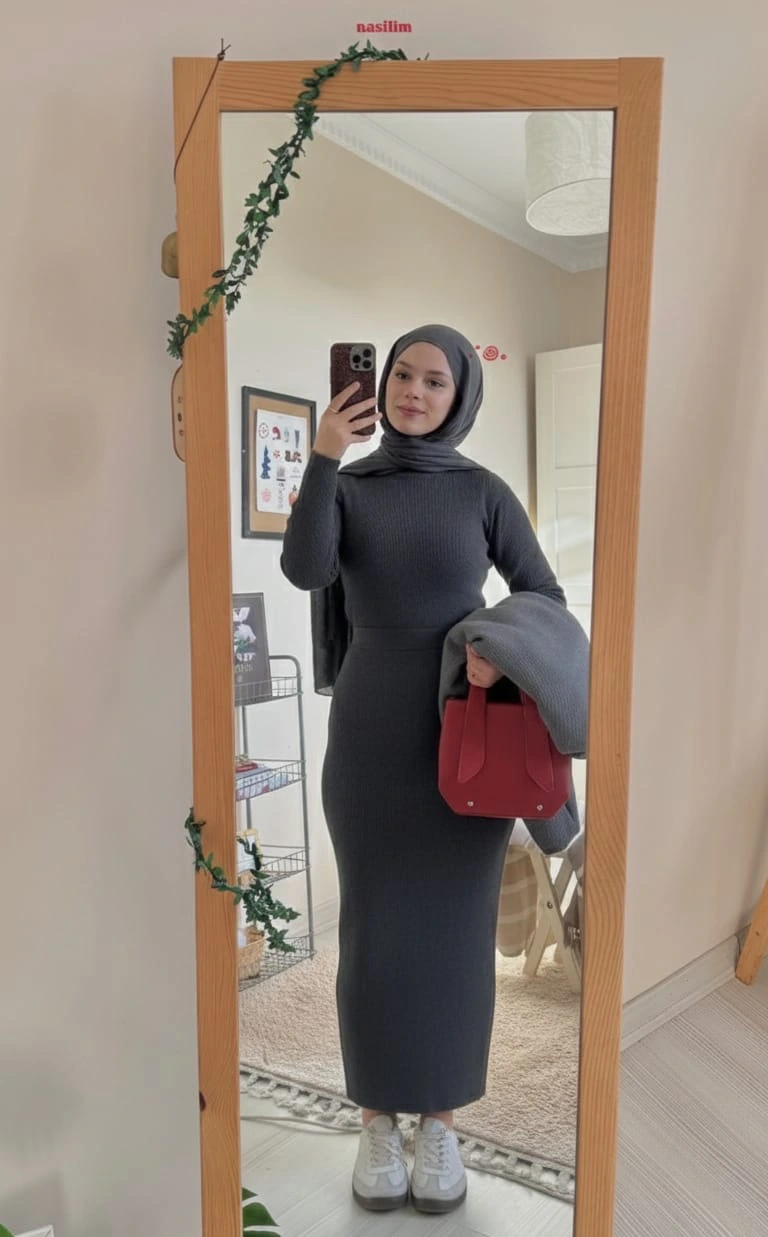 Woman wearing a dark grey, full-length knit dress and hijab takes a mirror selfie in a cozy room, holding a red handbag and a grey coat, with white sneakers and a wooden-framed mirror adorned with greenery.